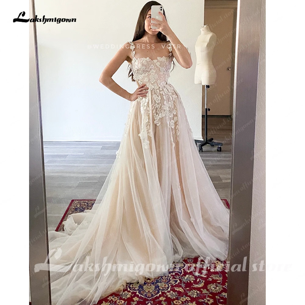 Lakshmigown Hellchampagnerfarbene Hochzeitskleider mit 3D-Blumen, Spaghettiträgern, A-Linie Hochzeitskleid, Strand-Hochzeitskleider nach Maß – Detail 7