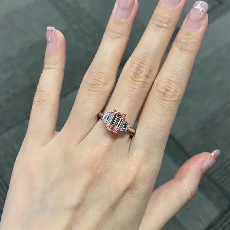 2Ct VS VVS Emerald Pink Cut CVD HPHT Lab Grown Diamond Engagement Ring 14k Two tone gold Pink Emerald Three stone ring