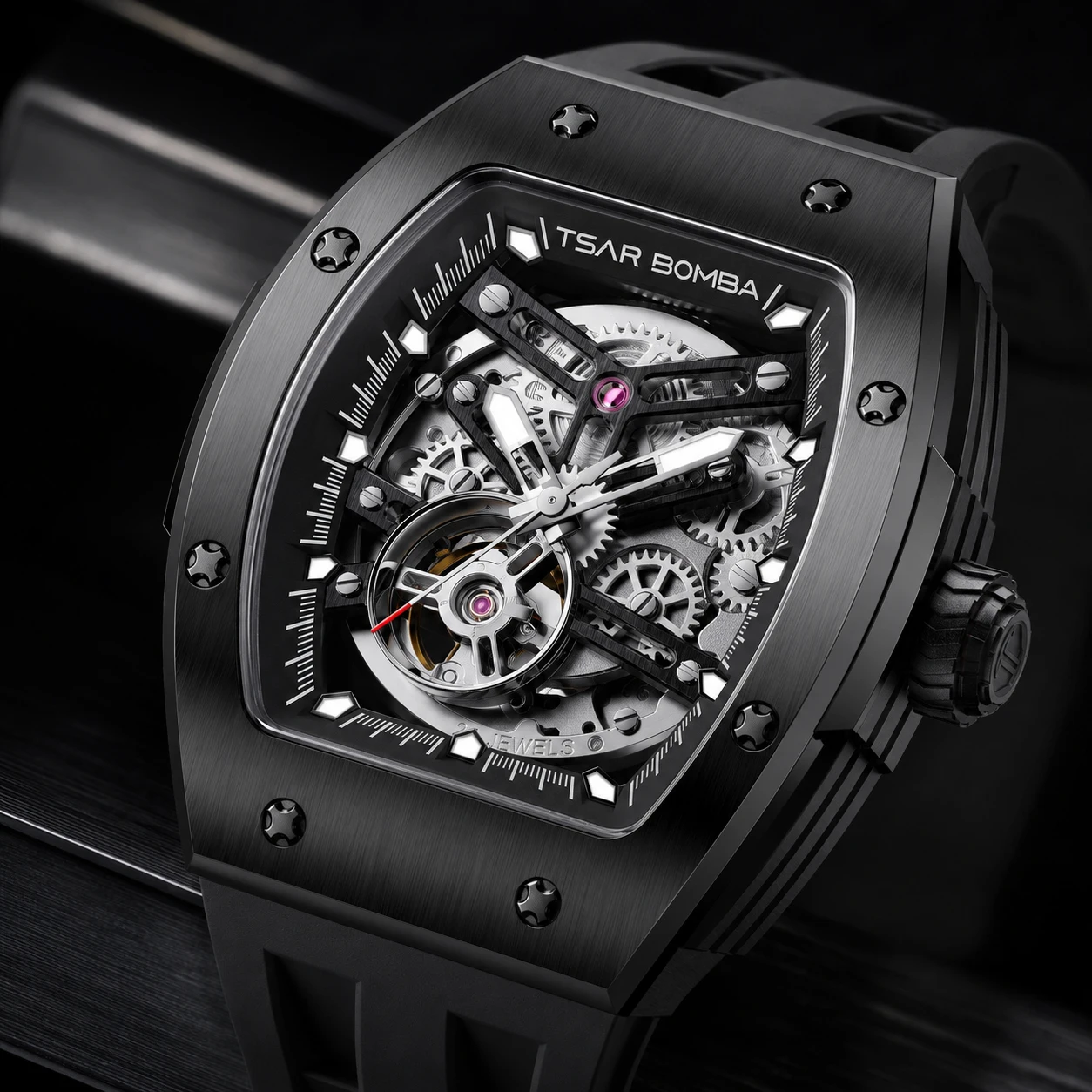

TSAR BOMBA Men’s Mechanical Skeleton Watch 316L Stainless Steel Sapphire Crystal Luminous Shock Water Resistant