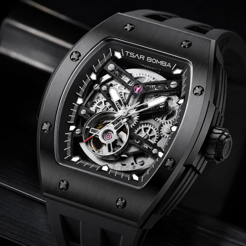 TSAR BOMBA Men’s Mechanical Skeleton Watch 316L Stainless Steel Sapphire Crystal Luminous Shock Water Resistant