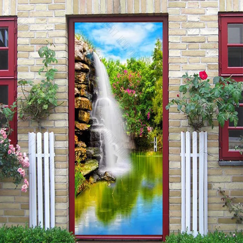 

Papel de parede waterfall into lake water flowers trees landscape door sticker bedroom door wallpaper mural , home decoration