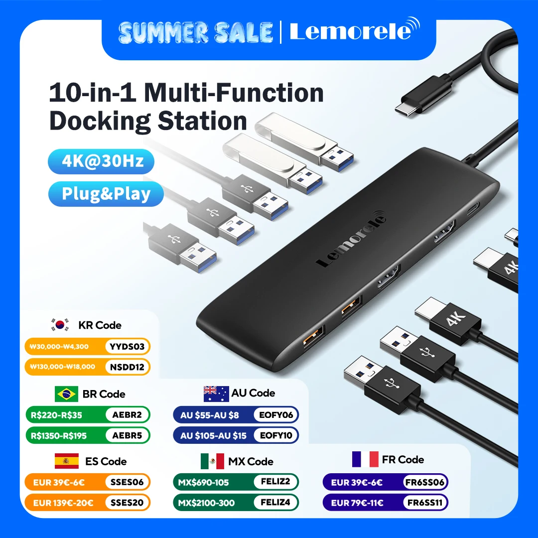 Lemorele 10 in 1 USB C HUB Type C Double 4K HDMI Docking Station with PD 100W Fast Charge For Macbook Laptop Projector USB C HUB