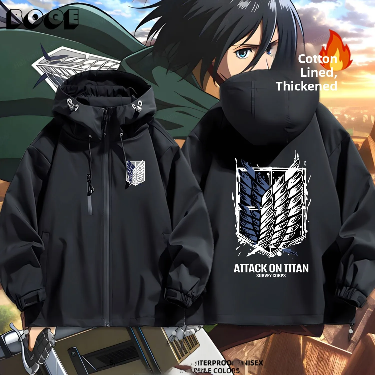 

Atta on Titan Freedom Wing Hooded Jaet Thiened Cotton Casual Outerwear ex Spring Autumn Winter Waterproof Zipper