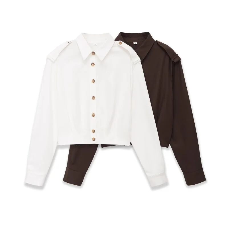 

Women's Two-Color Pleated Cropped Button Down Shirt - Spring Summer Casual Long Sleeve Blouse for Work & School ﻿