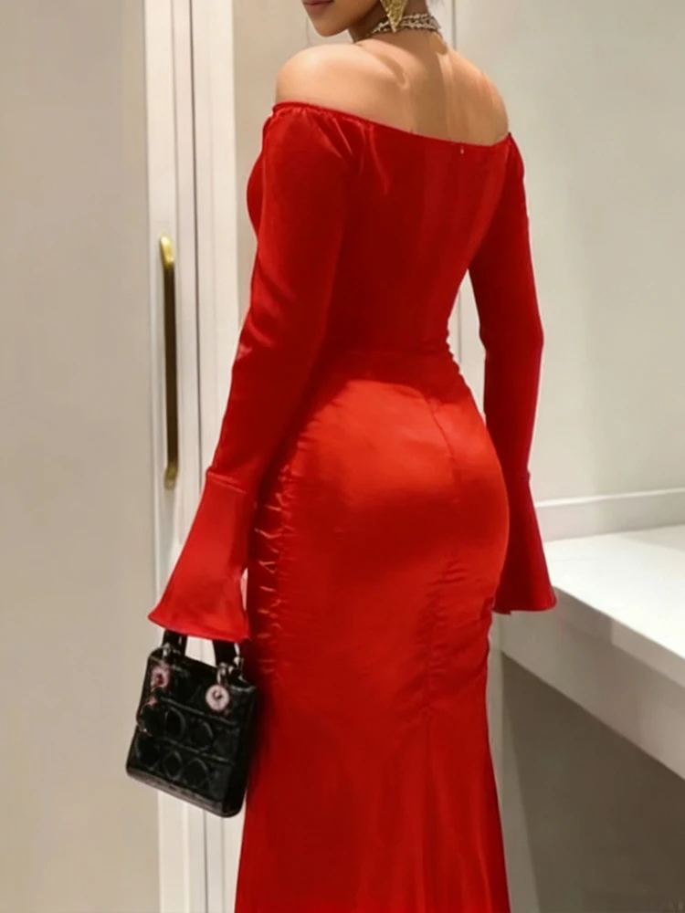 فستان سهرة أنيق جديد للربيع والصيف بخصر مرتفع وتصميم ملفوف حول الورك، فستان سهرة مثير بكتف واحد مع طيات، فستان حفلات أنيق بلون موحد من الساتان