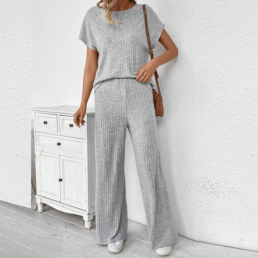 2024MNEW Women Knitted Top & Wide Leg Pants O-Neck Simple Knitted Top Trouser Suit Pullover Solid Color Ladies Casual Outfits