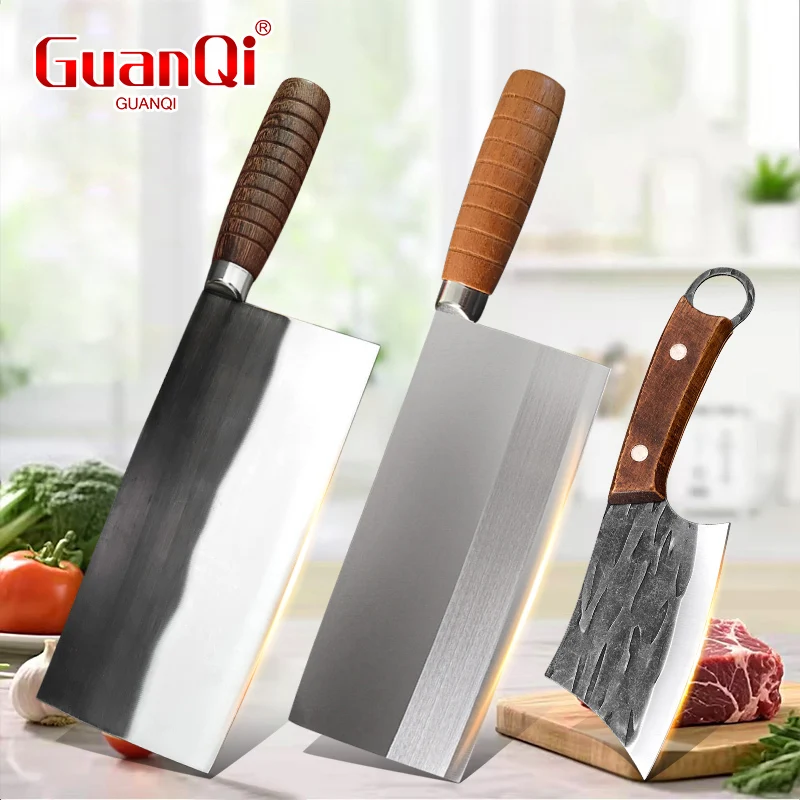 Stainless Steel Cleaver Knife Professional Kitchen Knife Wooden Handle Meat Slicing Fruit Cutting Utility Knives Cooking Tools