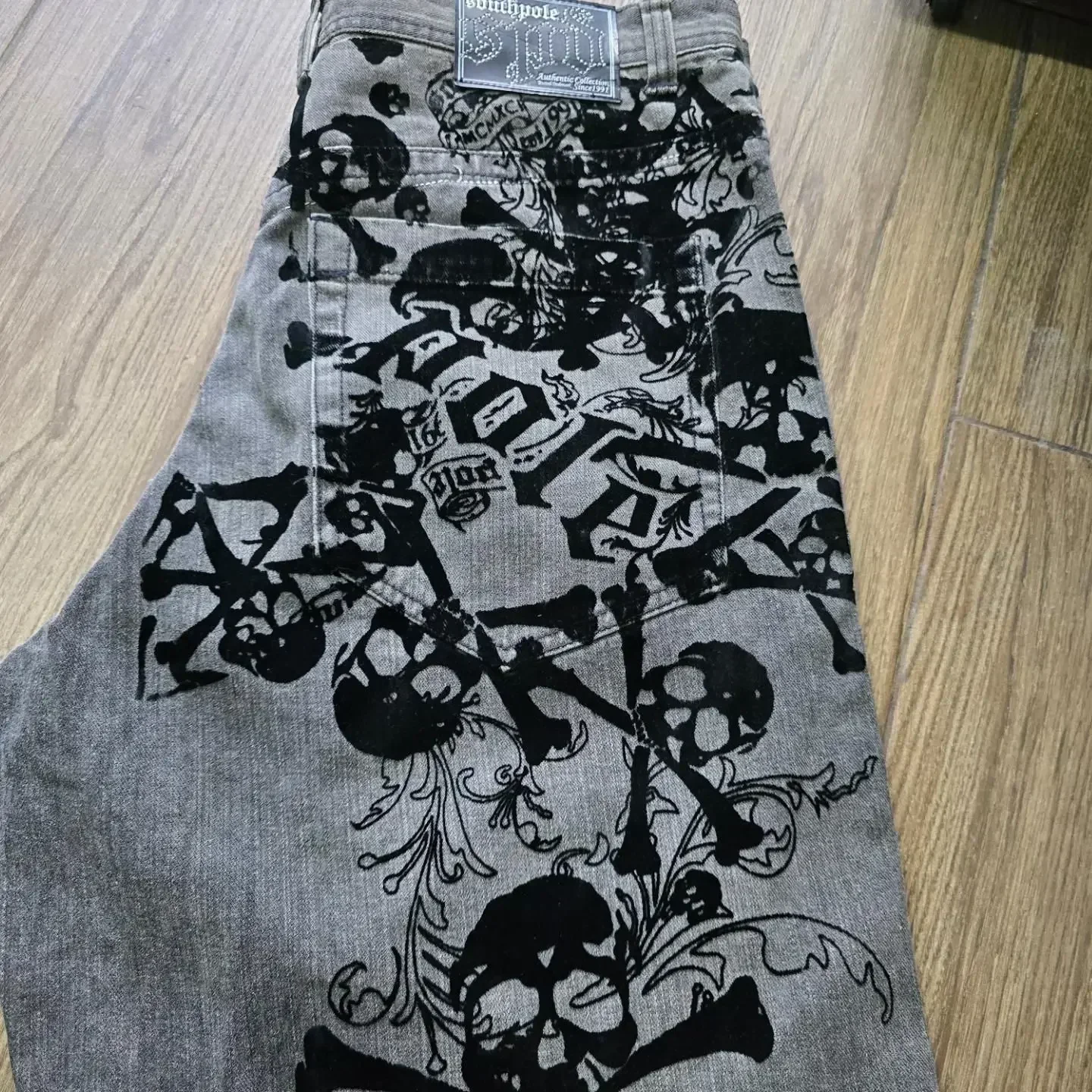 New Retro Southpole Jeans Skull Watermark Loose Jeans Men's and Women's Y2K Harajuku Gothic Hip Hop Skateboard Pants Street Wear