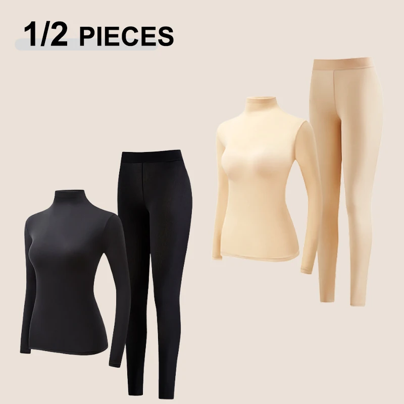 1/2 Pcs Women Winter Stacked Collar High Collar Beauty Skin Top High Elastic Long Sleeve Close-fitting Lock Warm Base Layer Sets