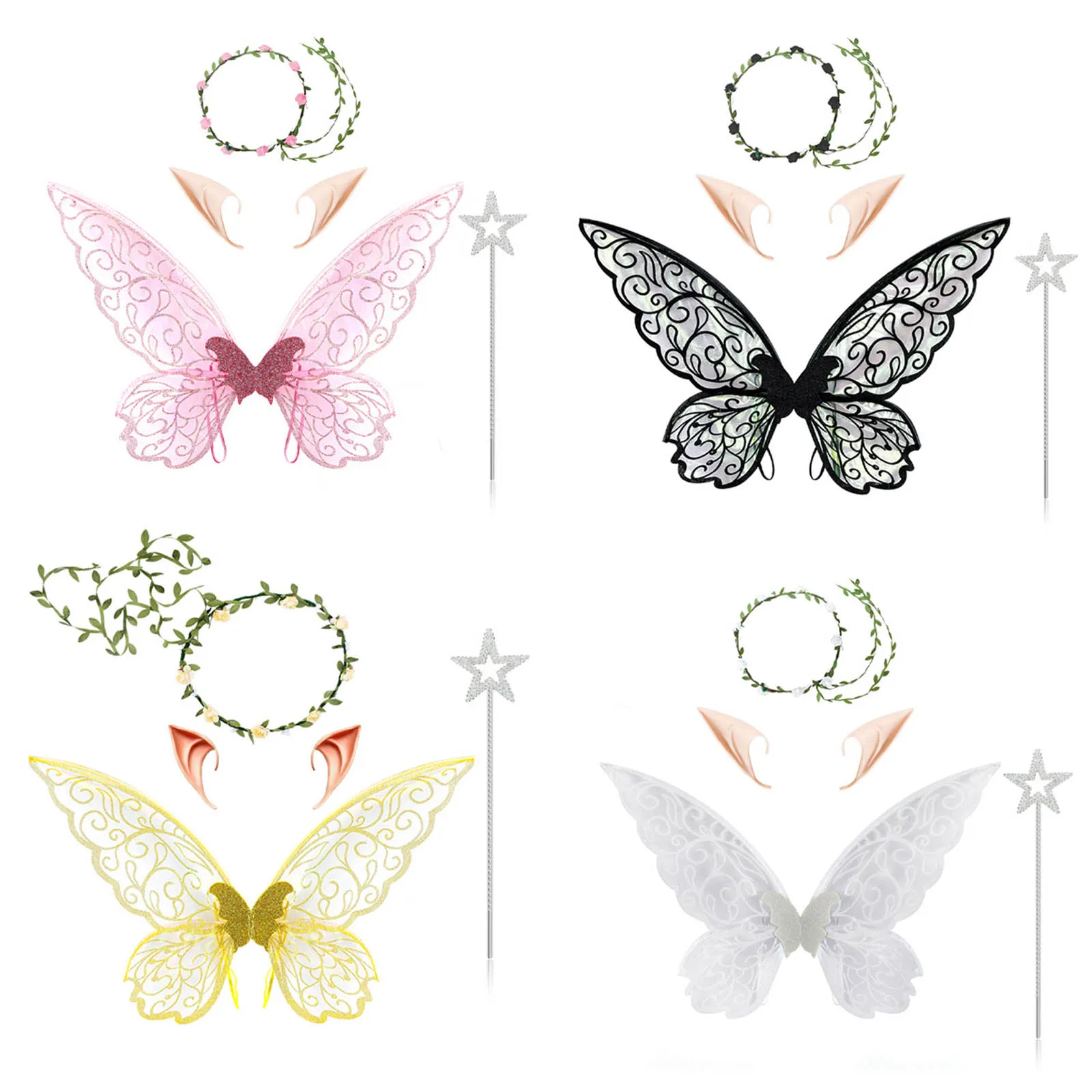Women Girls Colorful Butterfly Wings Elastic Strap Fairy Wand Elf Ears Fake Leaf Headband Costume Set Props for Party Halloween