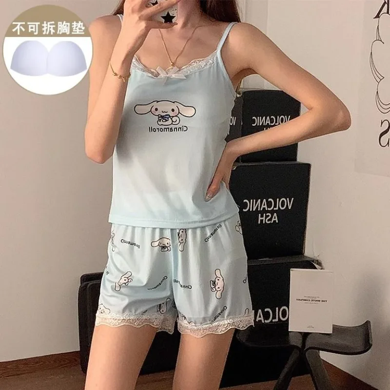 

2025 New Cute Yugui Dog Pajamas Girls Summer with Chest Pad Sexy Suspender Lace Yugui Dog Loungewear Set