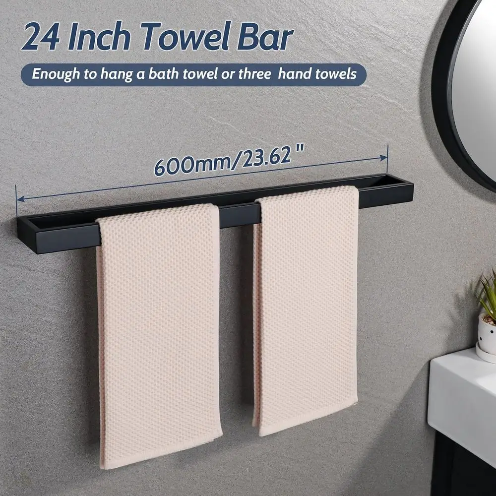 Matte Black Towel Bar, 24 Inch Hand Towel Holder, Wall Mount Square Towel Ring, Stainless Steel Towel Rack view 3