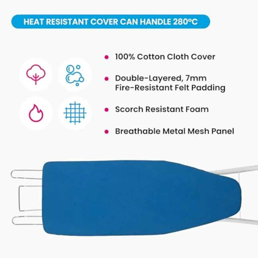 لوح كي عالي التحمل مع مسند حديد سلكي قابل للسحب مقاس 43 × 12 بوصة وثبات رباعي الساق ومبطن سميك مكون من 4 طبقات مقاوم للسرقة