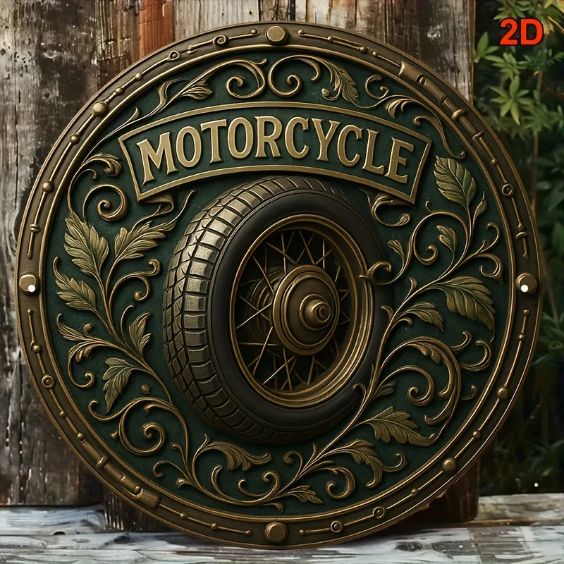 [2D Flat] Vintage-Motorrad-Dekorationsschild – 20,3 x 20,3 cm großes rundes Aluminiumschild mit verziertem goldfarbenem Design, perfekt für die Garage