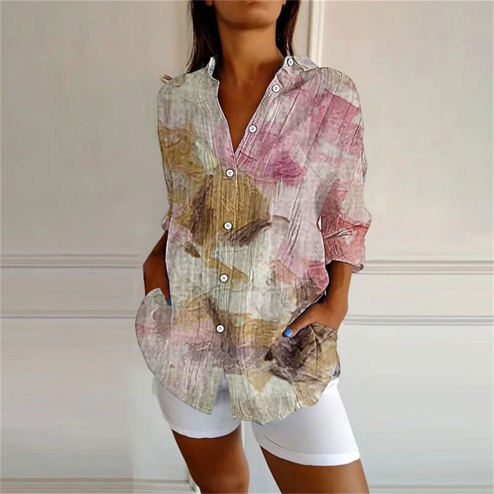 Women's fashion shirt button 3D printed small flower pattern shirt simple casual retro shirt four seasons large size women's clo