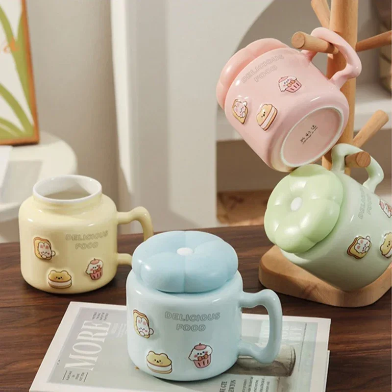 Cartoon Ceramic Mug Large Capacity Breakfast Coffee Cup with Lid Office Teacup Couple Cups Home Office Dormitory Water Mugs Gift