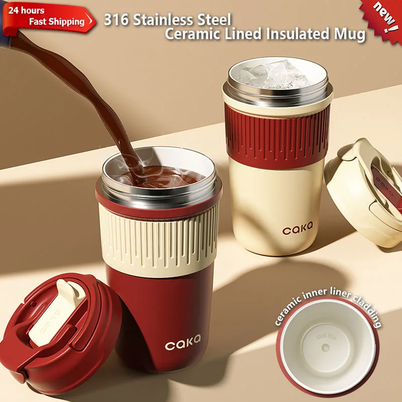 450ml Coffee Thermos Cup Portable Travel Ceramic Inner Insulated Mug High-end Straw with Lid Exquisite Gift Insulated Tea Mugs