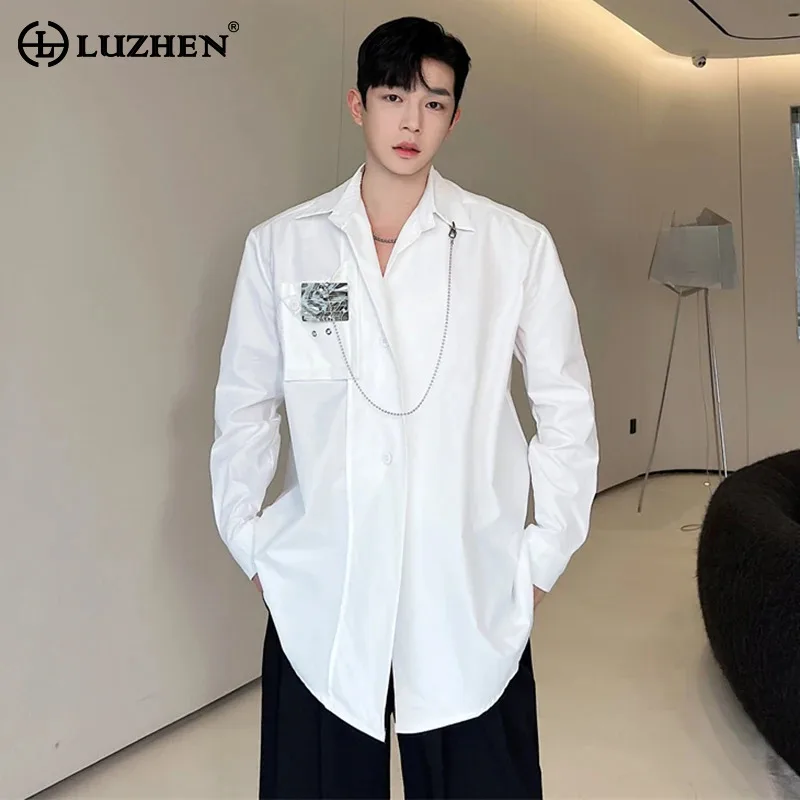 

LUZHEN 2024 Korean Stylish Metal Chain Splicing Design Long Sleeve Shirts Original Solid Color Trendy Elegant Men's Tops LZ3346