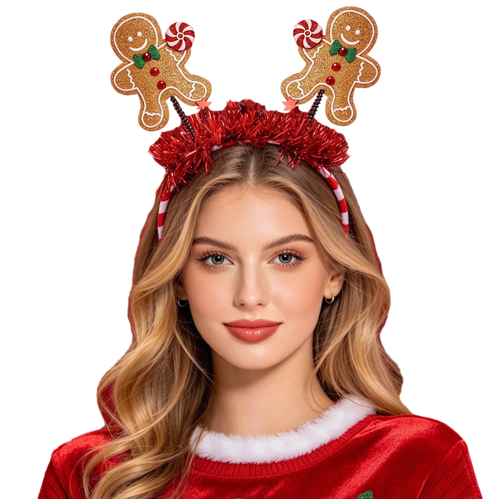 Christmas Headwear Spring-loaded Gingerbread Man Tinsel Star Decor Headband Striped Hair Hoop for Party Decoration 2