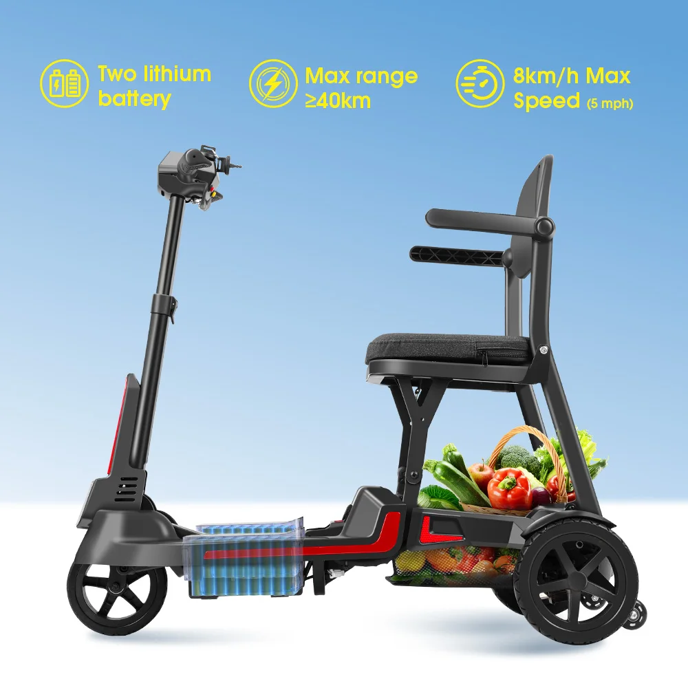 Senior Outdoor Freedom Mobility Scooter 3 Wheel Foldable Portable 14kg Aluminum Dual Battery 40km Big Basket Bright LED Light