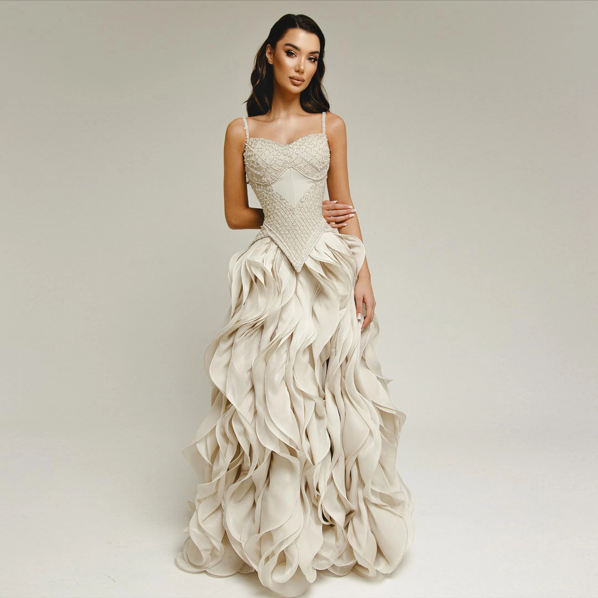 Sharon Said Beaded V-Neck Tulle Evening Dress
