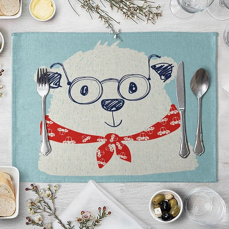 Children's Cute Animal Style Pattern Placemat Cotton Linen Fabric Table Mats Family Dinner Tableware Kitchen Table Mat 30X40cm