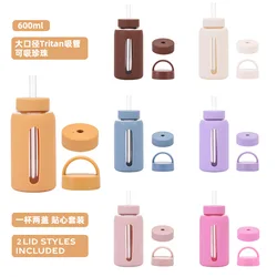 600ml Glass Cup, Double Lids,Silicone Sleeve,Anti-hot Heat Insulation,Large Capacity,Outdoor Portable,Graduated Water Bottle,Mug