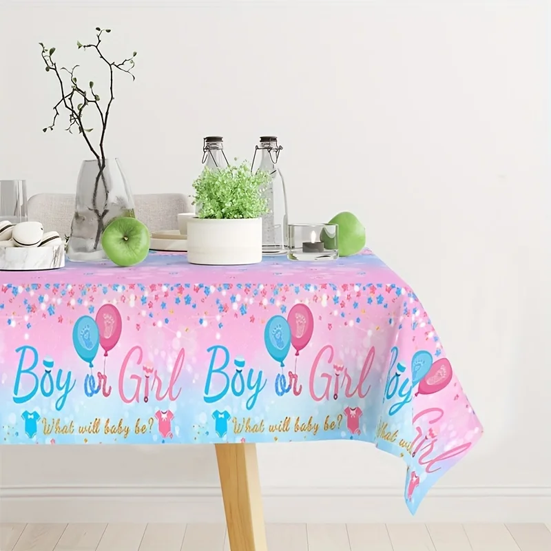 1pc, Gender Reveal Table Cover, 86.61*51.18inch, Pink Blue Boy Or Girl Table Cloth, Disposable Plastic Table Cover, Gender Revea