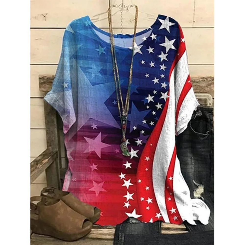 Retro Flag T Shirt Stylish Summer Short Sleeve T-shirt Streetwear Fashion Women Harajuku T-shirt O-Neck Tee Basic Top Blusa Chic