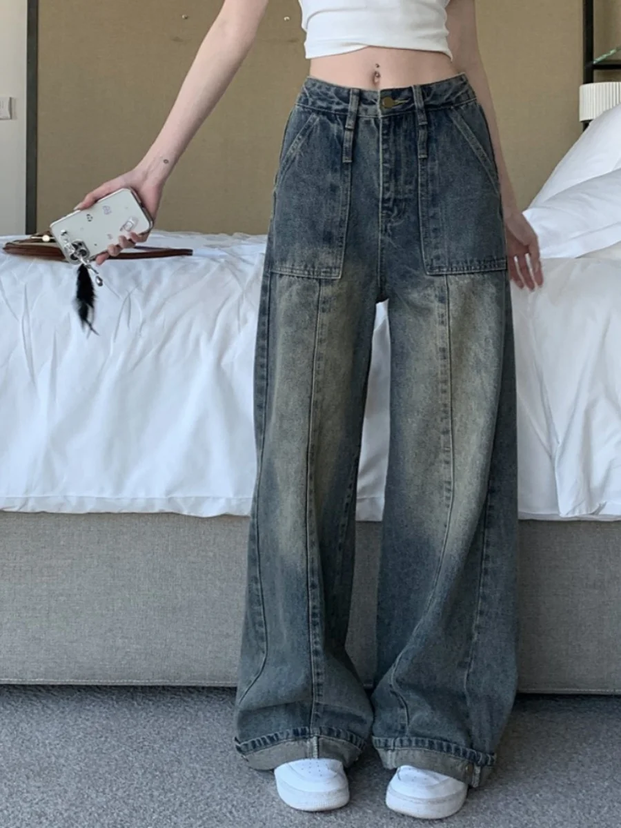 

New Oversized Harajuku Hippie Streetwear Denim Pants Women 90s Vintage Y2K Fashion Jeans Retro Wide Leg Pocket Trousers 2024 E65