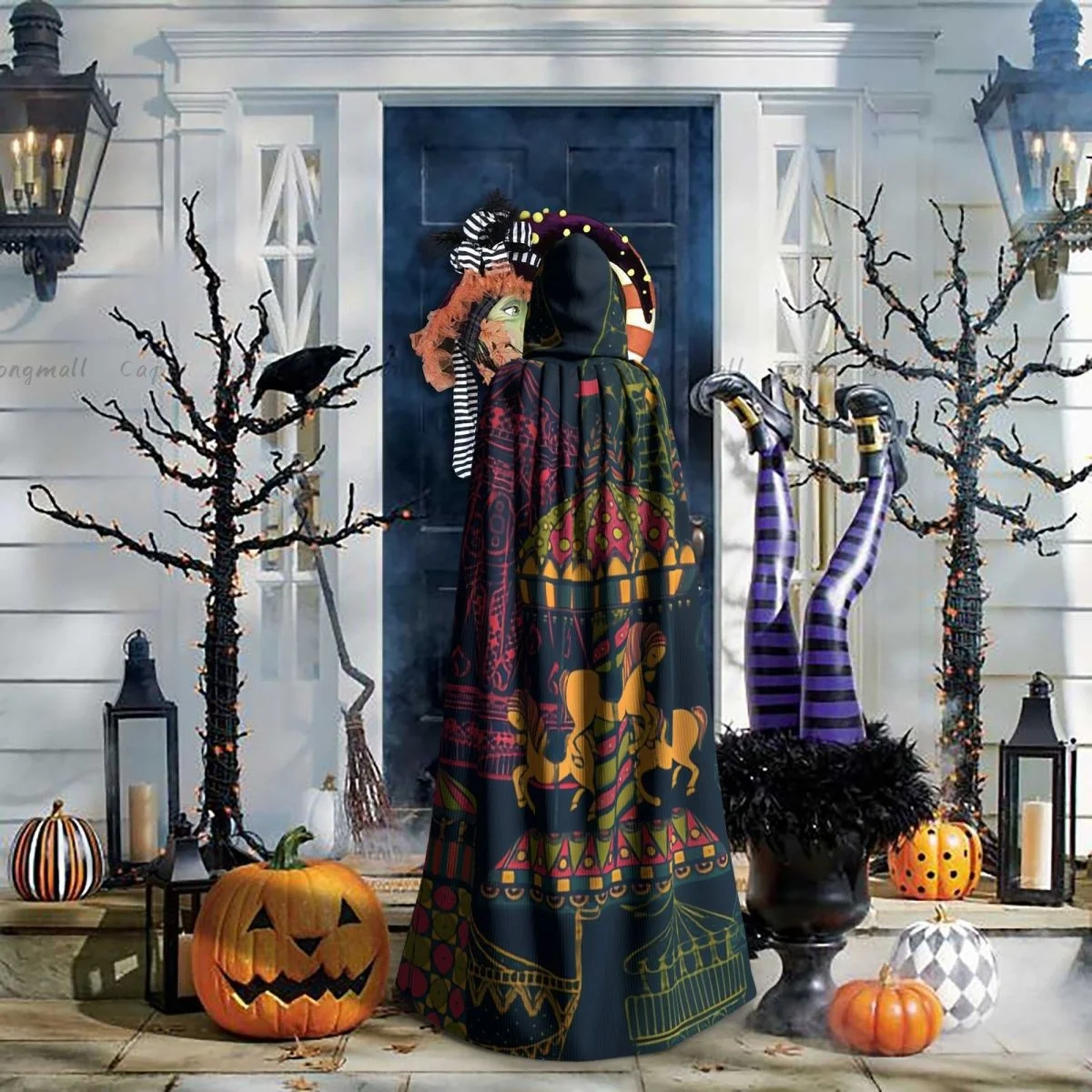 Adult Vampire Cape Hooded Robe Carousel And Tent Funfair Theme Halloween Cloak Full Length Cosplay