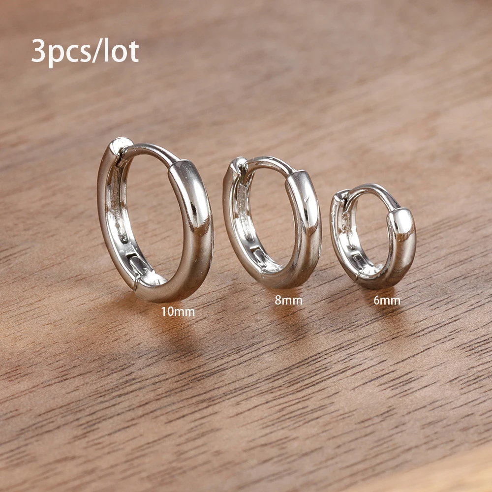3pc Set Simple Stainless Steel Crystal Small Hoop Earrings