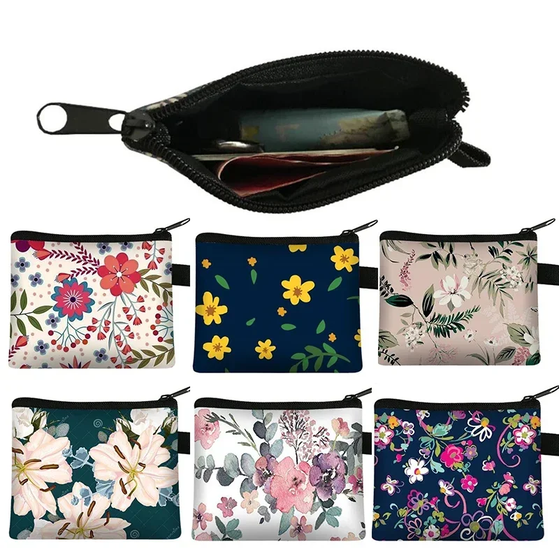 Mini Floral Card Wallet Canvas Cute Zipper Coin Purse Earphone Pouch Mini Card Wallet Key Lipstick Money Change Purse Holder Bag