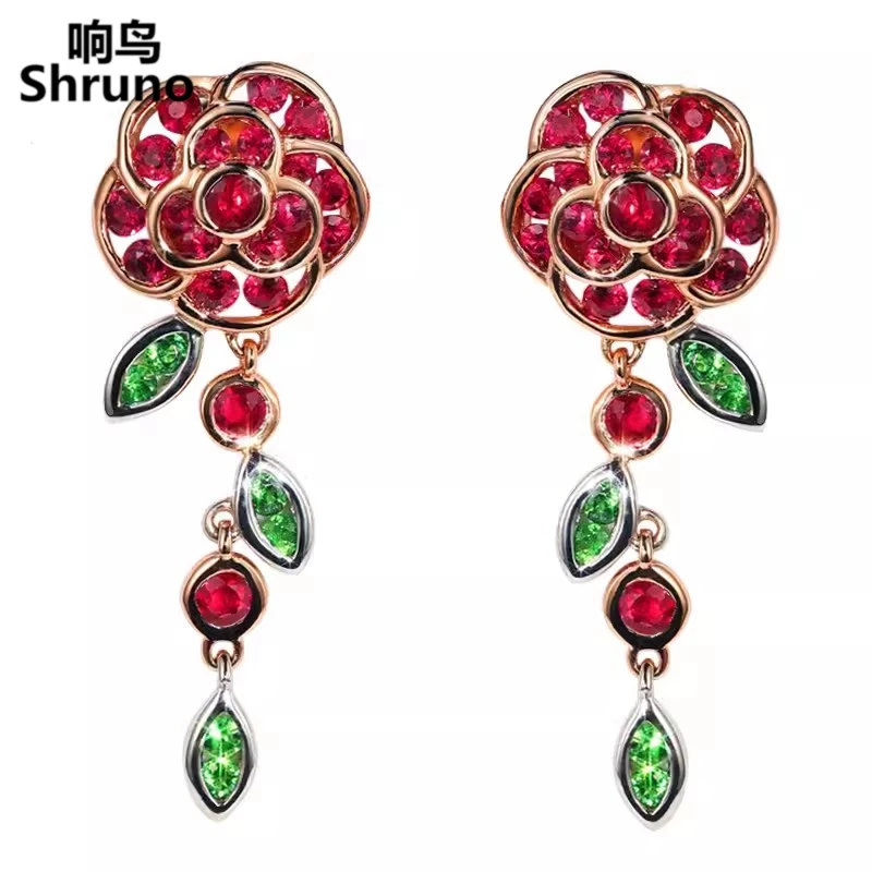 Shruno Solid 14k Rose Gold Flower Ruby Drop Earrings Set Tsavorite Gemstone Studs Earrings Anniversary Exquisite Trendy Jewelry