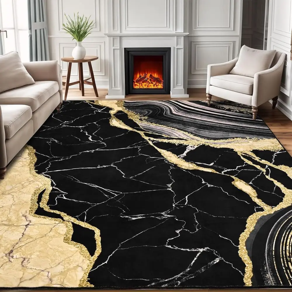 

5x7 Soft Faux Wool Washable Area Rug, Black & Gold Modern Living Room Carpet with Non-Slip Backing for Home Office and Dining Ro