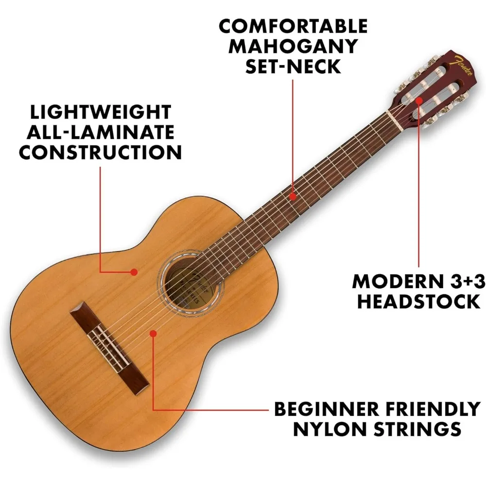 Acoustic Guitar Kit Starter Pack Classical Guitar, Small Beginner Guitar (3/4 Size) with Nylon Strings (Easier on Fingers)