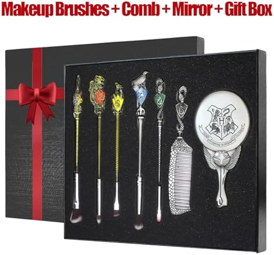 Magiczny zestaw pędzli do makijażu z grzebieniem, lusterkiem i pudełkiem prezentowym dla kobiet - pędzel do cieni do powiek, eyelineru, blendowania i do ust