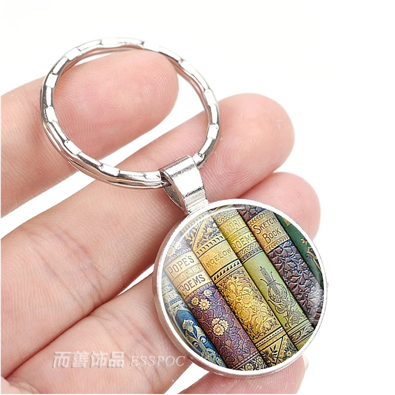 Fashion Shabby Books Keychain Key Chain Ring Silver Color Glass Dome Cabochon Holder Gift for Book Accessories Keyring Lover