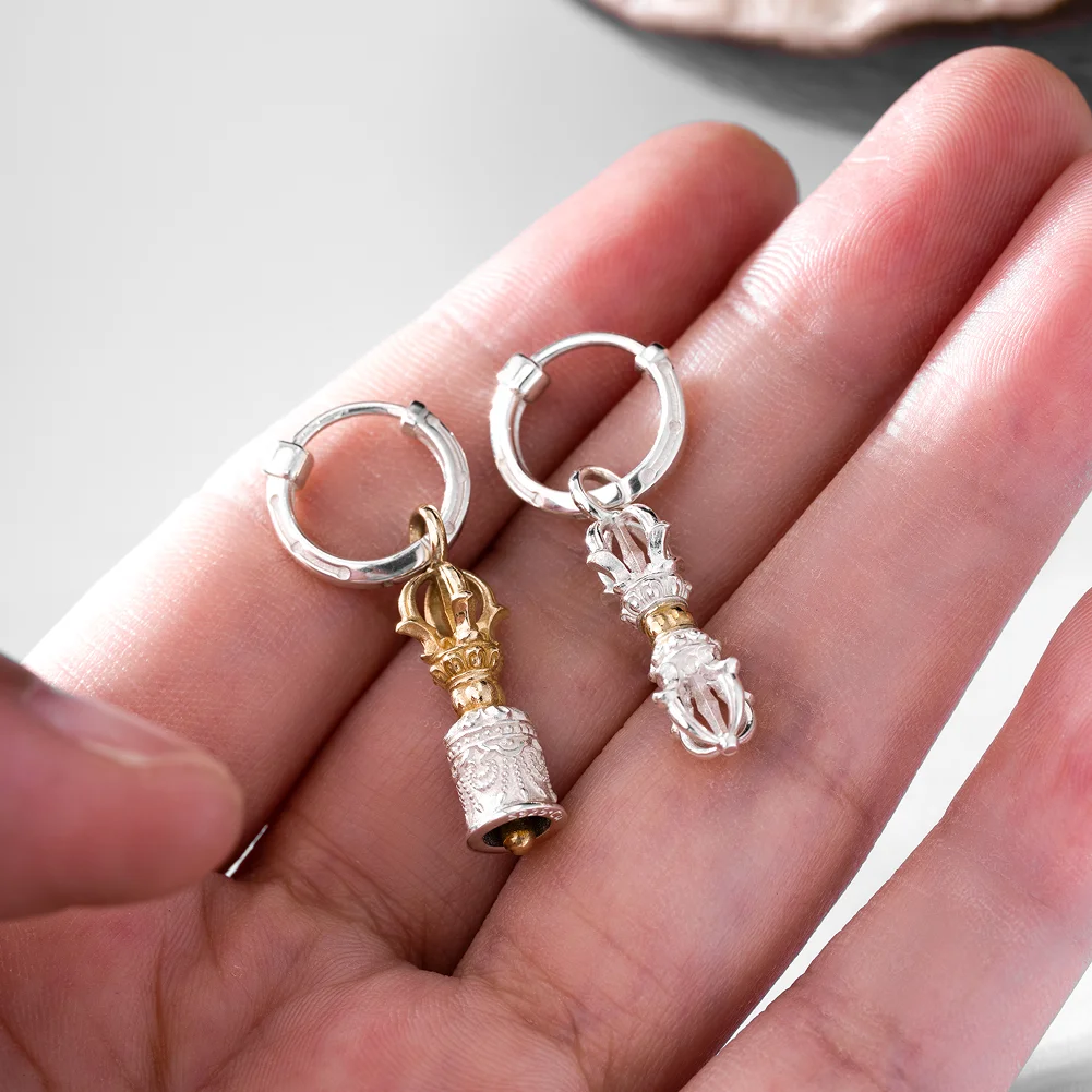 COPPERTIST.WU Vajra & Ghanta Earrings, Tibetan 925 Sterling Silver Earrings Lightweight, Dangle Hoop Earrings, Unisex, Pierced