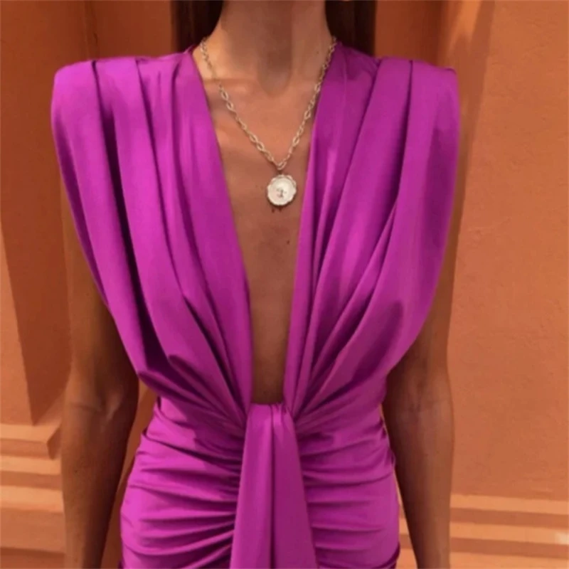 2025 エレガントな女性のサテン V ネックプリーツノースリーブミディドレスファッション