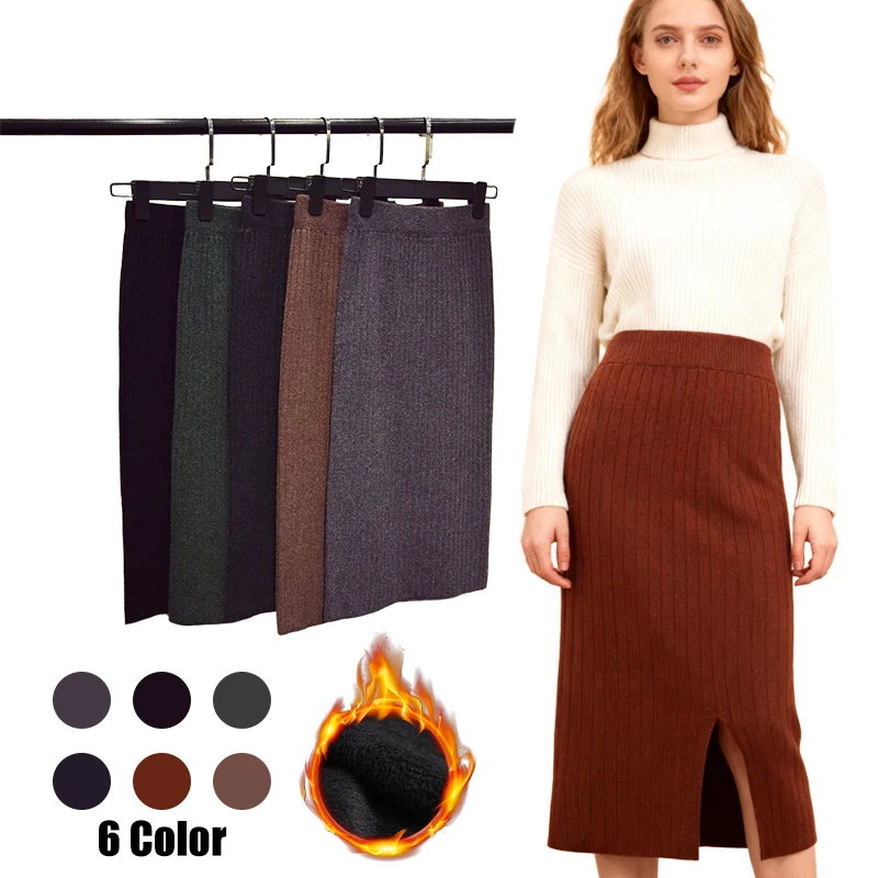 Womens split gebreide midi rok hoge taille fleece gevoerde kokerrok dikke garen bodycon winter split zoom trui rok