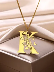 Beauty Flower A-Z Letter Necklaces for Women Men Stainless Steels Flower Initial Pendant Necklace Alphabet Boho Jewelry Gift