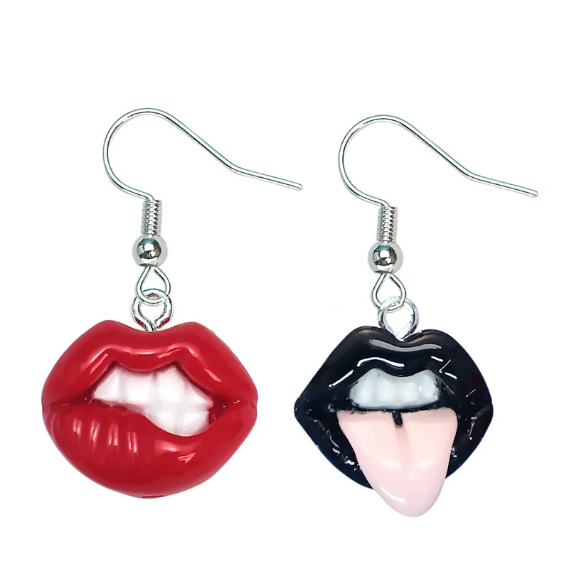 Gothic Witch Black Red Lips Dangle Earrings For Women Girls Creative Acylic Asymmetric Earrings Jewelry