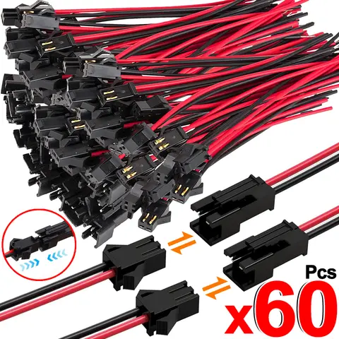 Conector de Cable macho a hembra, enchufe de 2 pines con conector de Terminal rojo y negro, Cable para tira de luz LED, 20-60 Uds.