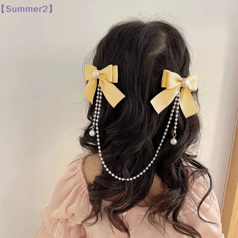 【Xia2】Cute Bow Pearl Tassel Hair Clip For Girls Elegant Hair Hairpins Children Princess Fashion Hair Accessories{S}