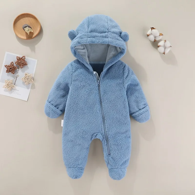 2025 New Autumn Baby Jumpsuit Warm Infant Hooded Plush Rompers Newborn Girl Overalls Spring Toddler Clothes for 3-12 months