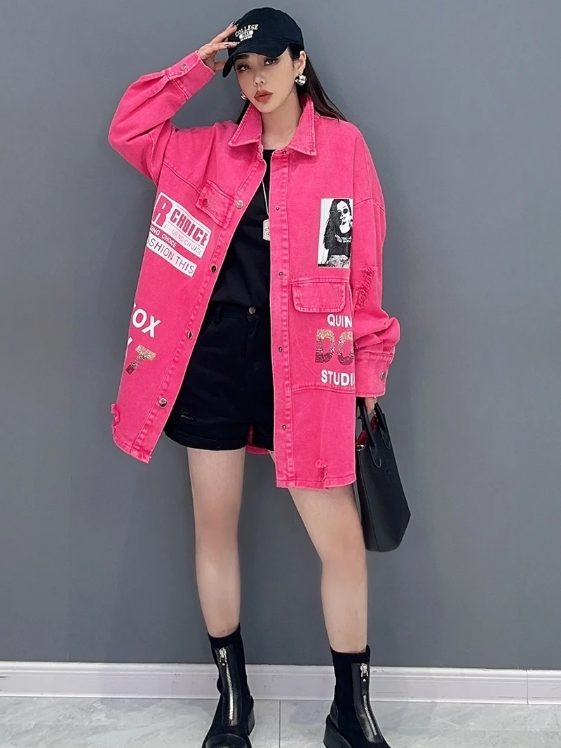 Vefadisa 2024 Autumn New Women Red Denim Coat Lapel Long Sleeve Letter Printed Coat Casual Fashion All-match Coat ZXY604A