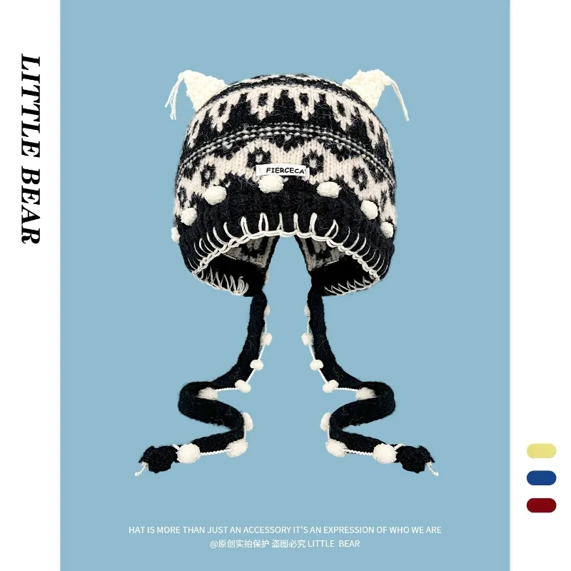 Y2K Cute Cat Ear Knitted Earflap Beanies for Women Fair Isle Jacquard Pom Pom Braided Tassel Decor Warm Winter Outdoor Ski Hat