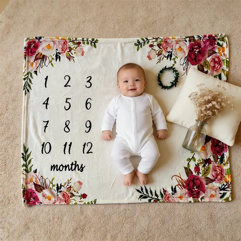 ベビーマイルストーンブランケット フランネル写真撮影用小道具 新生児幼児ベビーシャワーギフト カスタムロゴ入り乳児用ラップマット