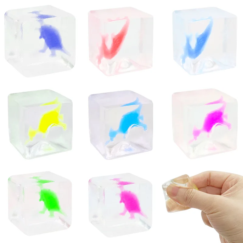 5Pcs Novelty Transparent Ice Cube Dinosaur TPR Q-bouncy Slow Rebound Toys Children's Stress Relief Toys Pinch Music Fidget Toy